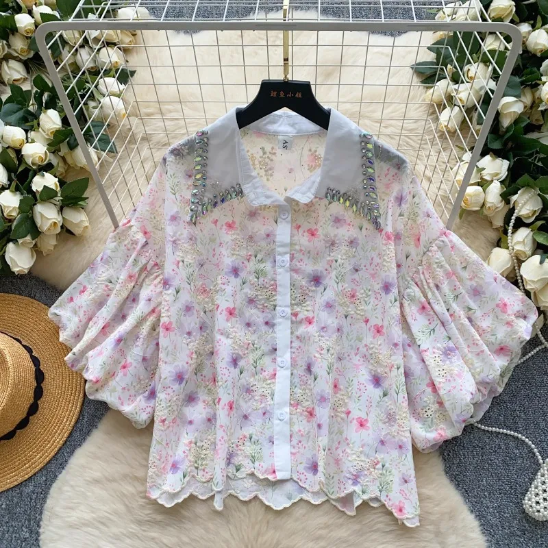 

Придворный стиль, отложной воротник с бриллиантами, Blusas Mujer, винтажная женская одежда, милые блузки, однобортные рубашки с цветочной вышивкой