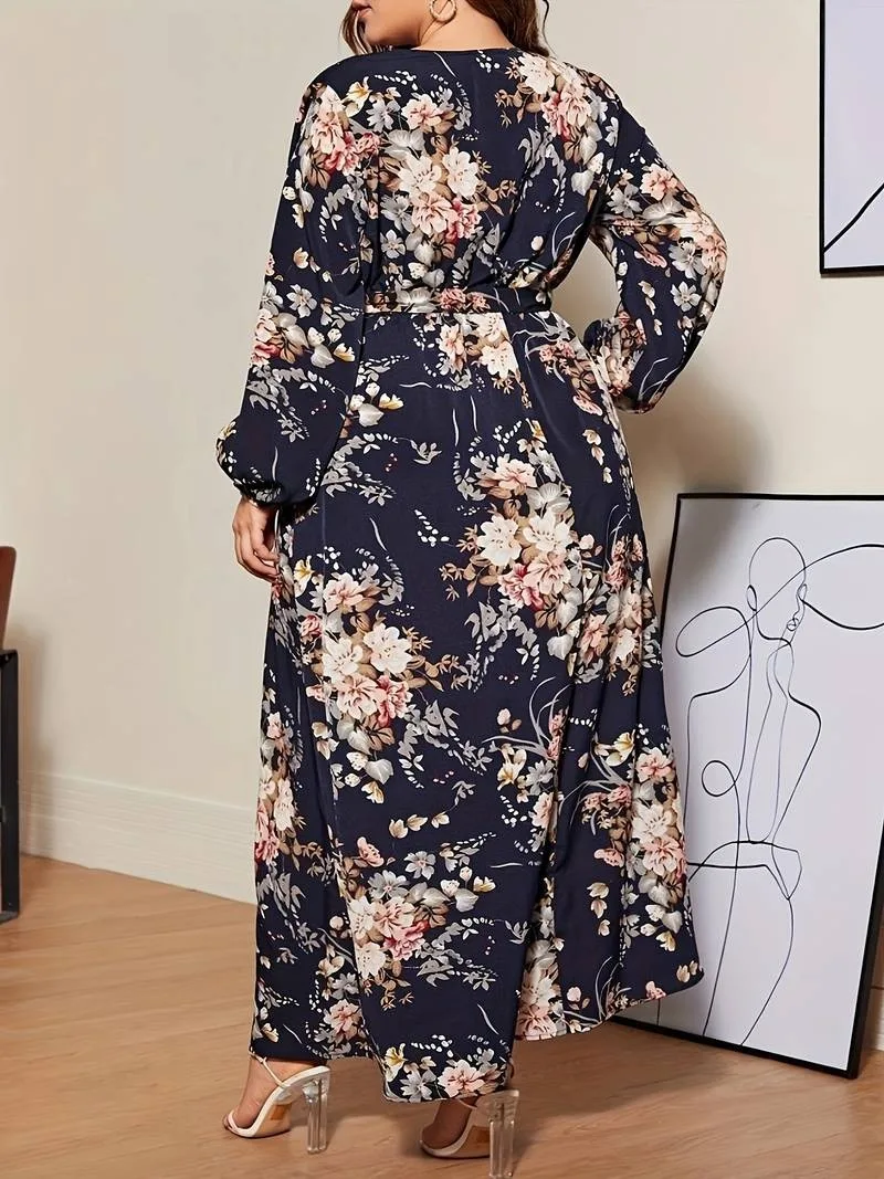 Gibsie Plus Size Blumen druck V-Ausschnitt Gürtel langes Kleid Frauen Frühling Herbst hohe Taille Langarm Retro lässig Maxi A-Linie Kleider