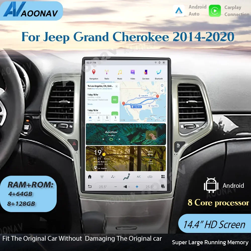 

14,4-дюймовый автомобильный радиоприемник для Jeep Grand Cherokee 2014-2020, Android сенсорный стерео экран, GPS-навигация, мультимедийный видеоплеер, Qualcomm