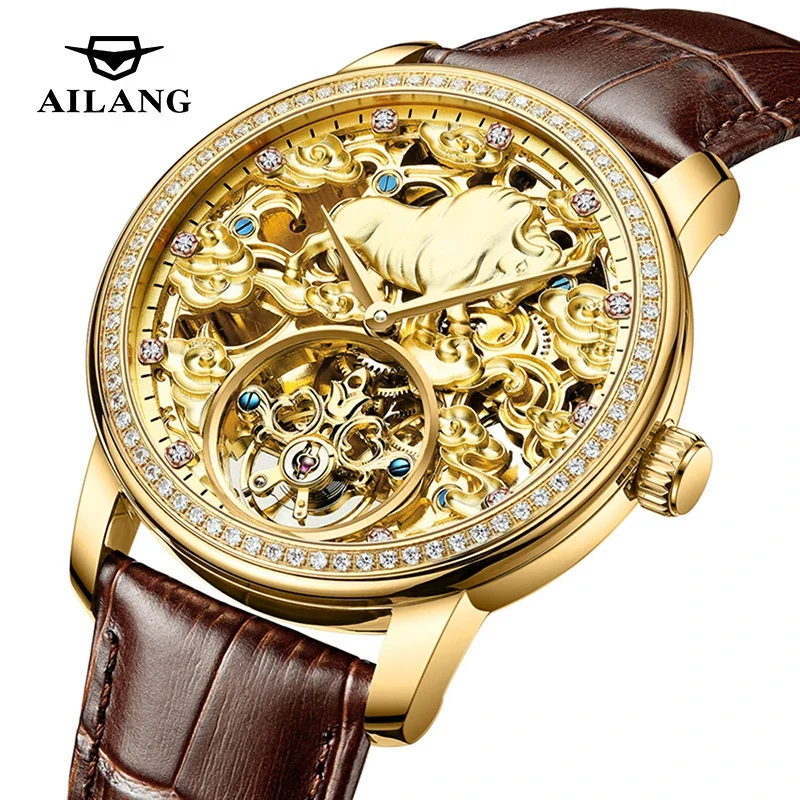 

AILANG Brand New Luxury Tourbillon Mechanical Watch for Men Leather Waterproof Fashion Diamond Skeleton Gold Watches Mens