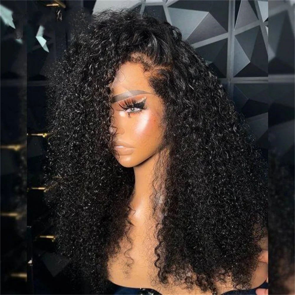 Perruque Lace Front Wig crépue bouclée sans colle pour femmes noires, cheveux de bébé, douce, longue, noire, 26 pouces, densité 180, préplumée, 03