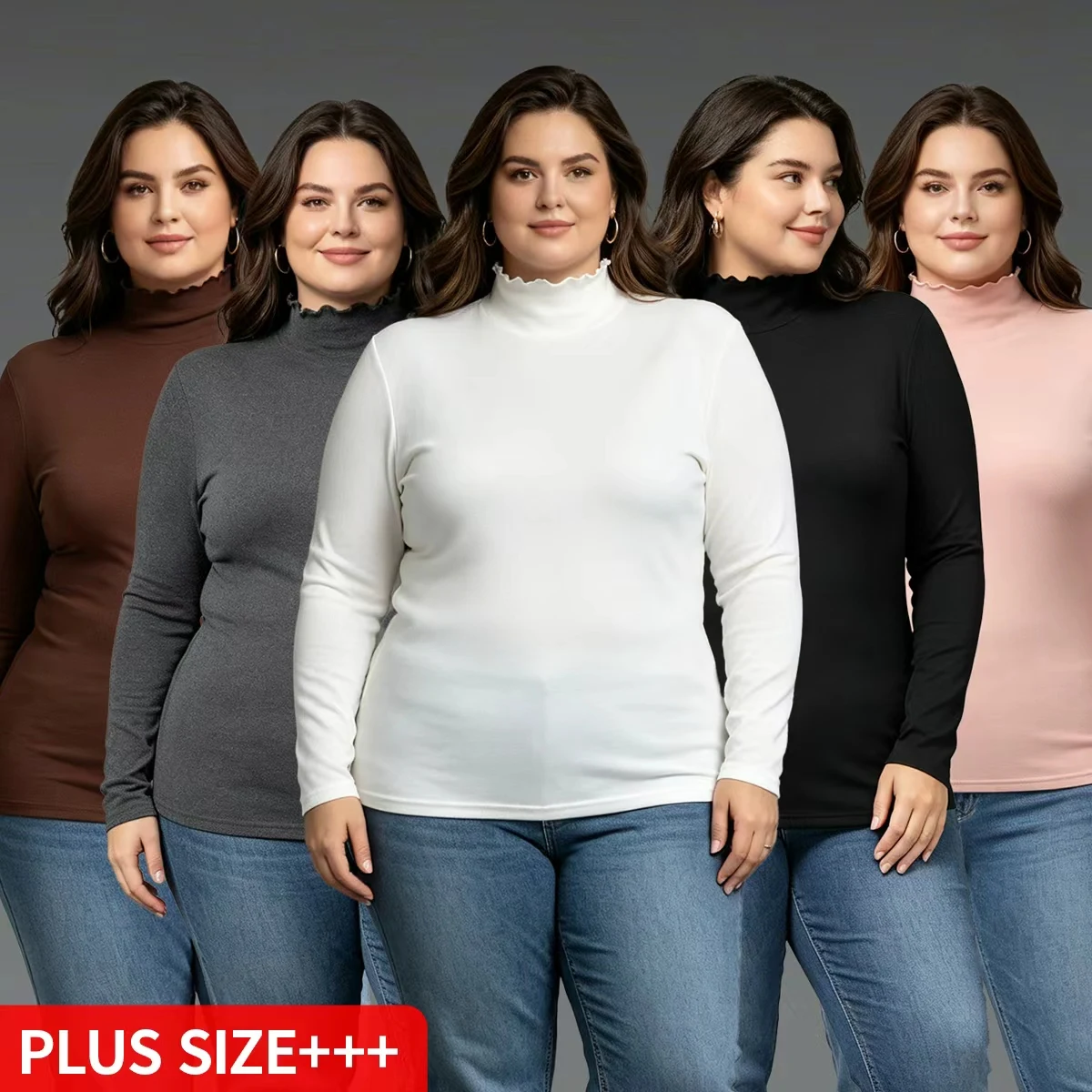 1/3 Stück Herbst- und Winter-Damen-Oberteil in Übergröße 1XL-5XL, warmes, hochgeschlossenes Oberteil, bequemes, langärmliges, schwarzes Basic-Shirt mit Rüschenkante – Detail 2