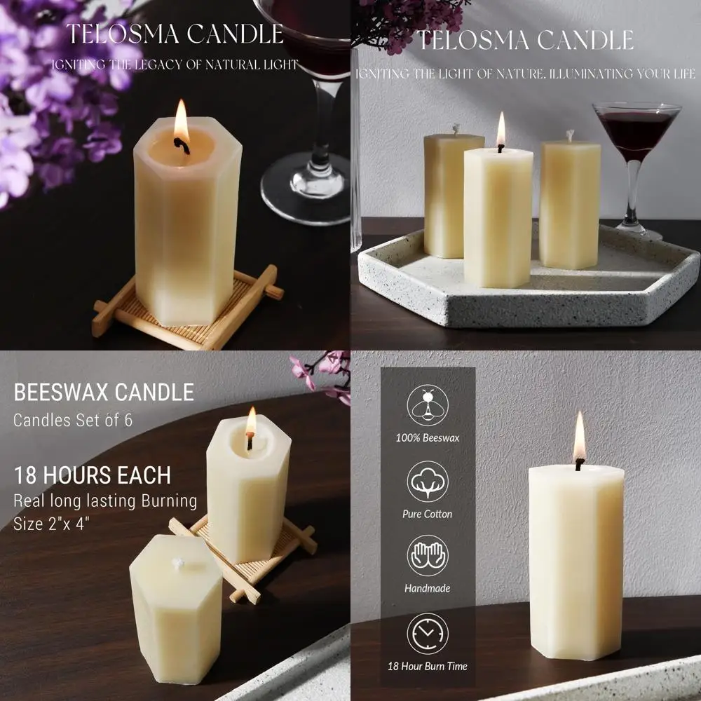 

Natural Beeswax Pillar Candle Bulk, Pack of 6 - Hexagonal Shape - Organic Beeswax Candle Smokeless, 2 inch Diameter by 4 inch He