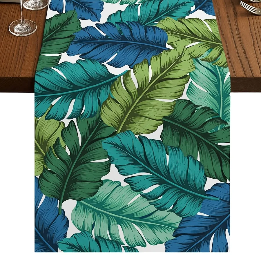 1 Piece Bohemian Coastal Style Table Runner - Turquoise Blue and Beige Palm Tree and Coconut Leaf Design, Suitable for Farmhouse, Indoor, Kitchen, Celebrations, Table Decoration, Restaurant, and Banquet Decoration Supplies