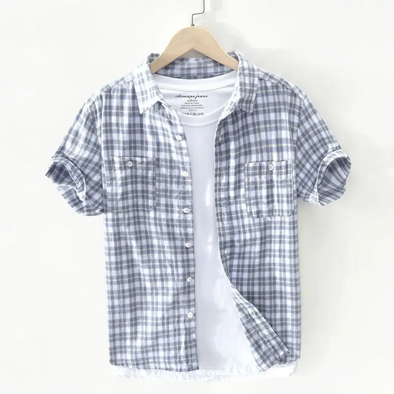 

2024 Summer Turn-down Collar Lattice Button Short Sleeve Cardigan Pullovers Men's Clothing Trend Handsome Thin Style Shirts