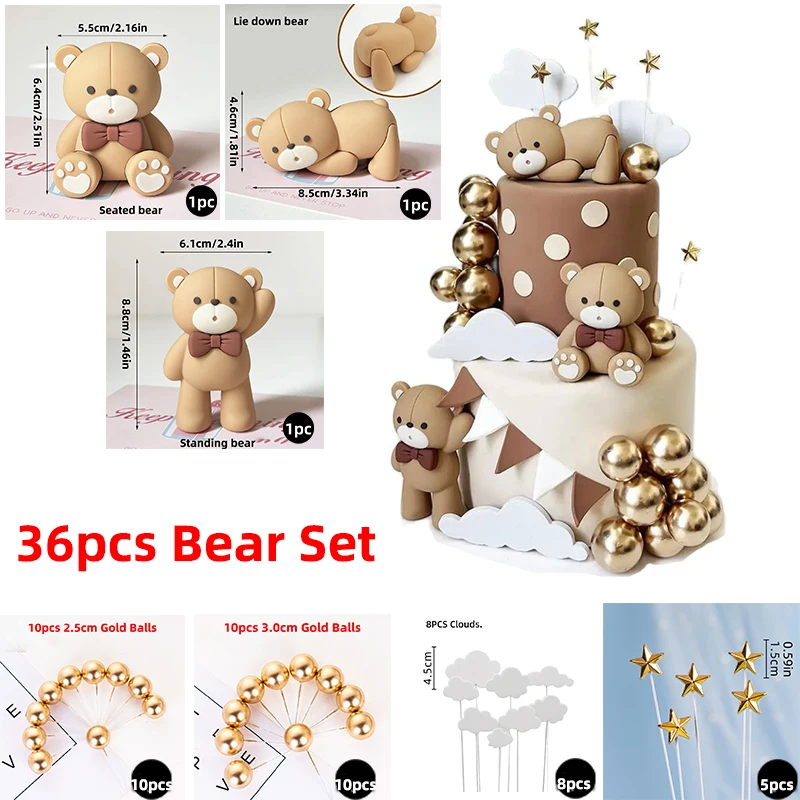 New Bear Cake Topper for Boy Girl Baby Shower Bear Theme Decorations Blue Brown Pink Mini Bear Happy 1st Birthday Party Supplies