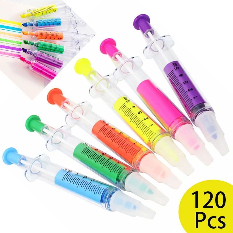 fluorescente seringa highlighters canetas forma de tubo de agulha marcador para criancas desenho canetas papelaria 120 pcs 01