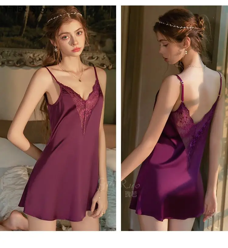 Plus Size Sexy Lace Deep V Loungewear Set Open Back Cami Slip Nightgown with Matching Robe Women's Sleepwear