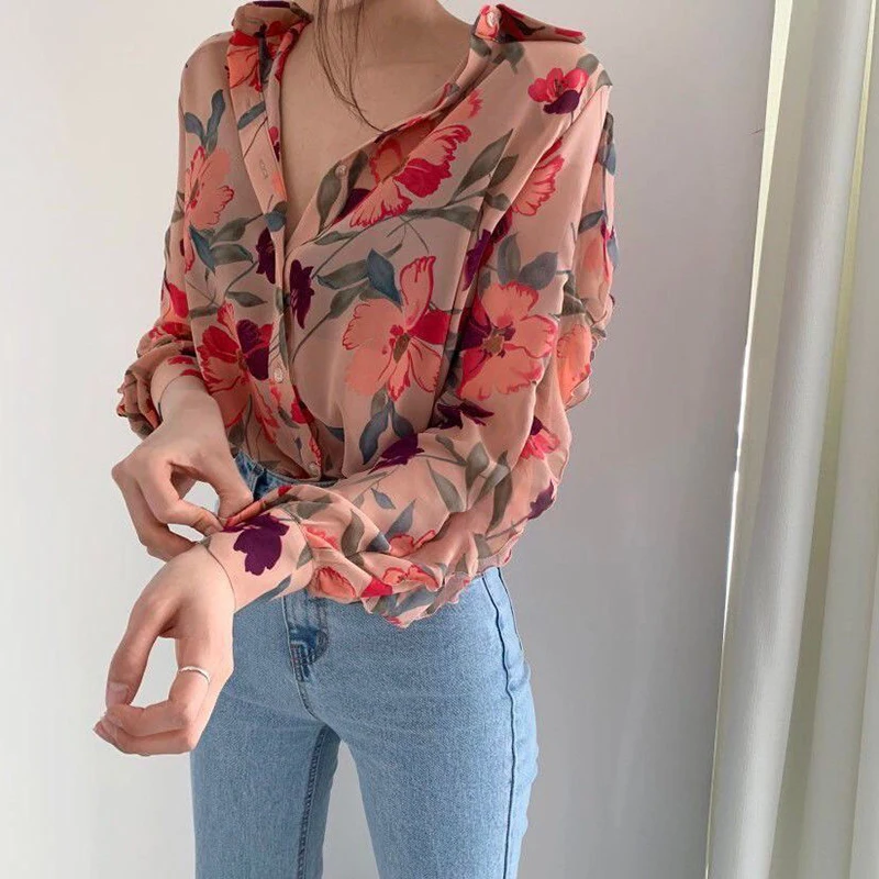 Chic Long Sleeve Women Shirt Korean Casual Elegant Transparent Thin Slim Blouse Lady Spring New Chiffon Floral Print Shirts