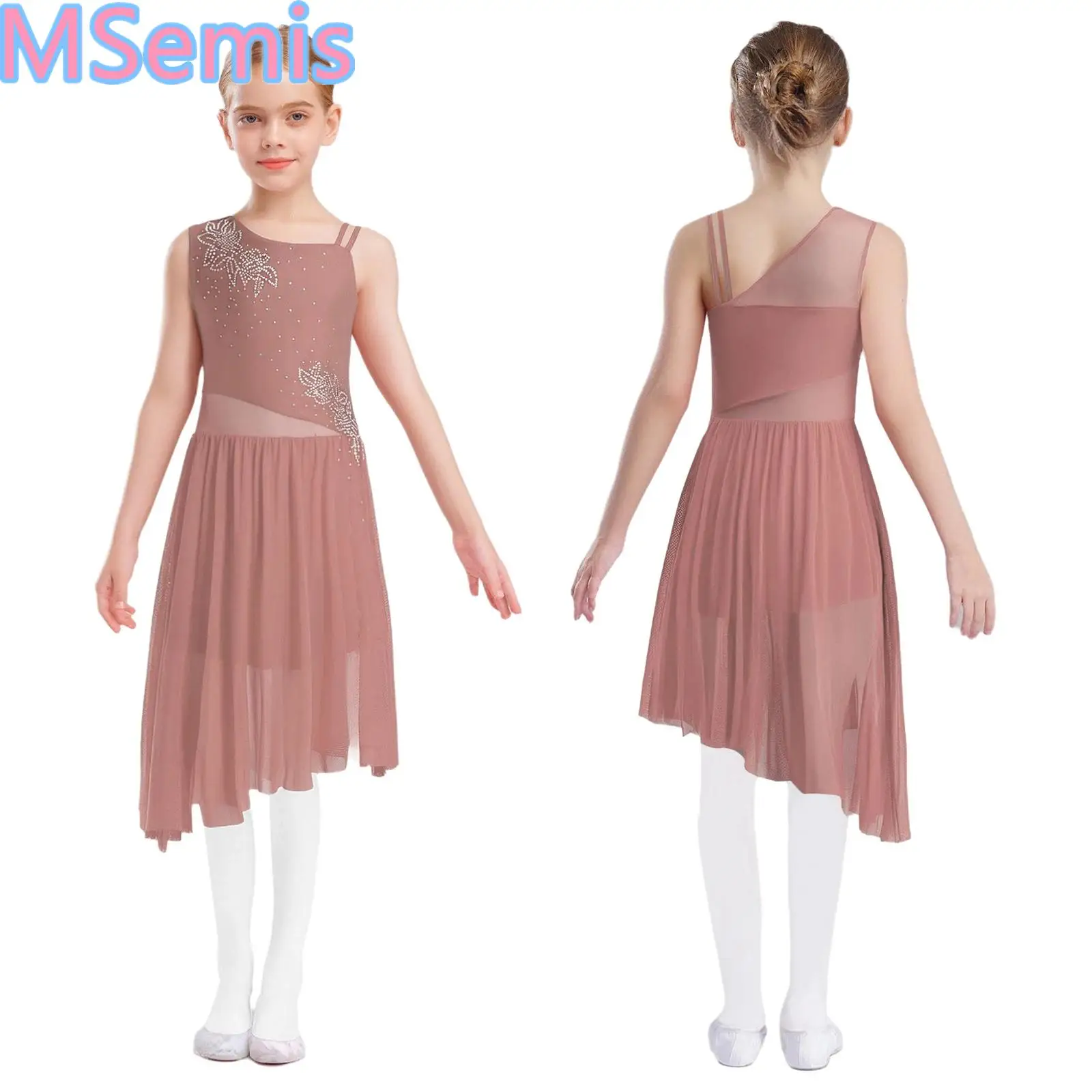 

Kids Girls Lyrical Dance Dress Sleeveless Shiny Rhinestones Flower Pattern Asymmetrical Side Slit Dress Dancewear