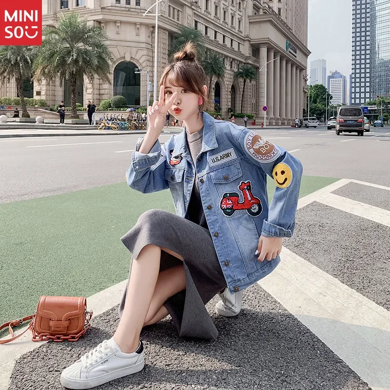 

Disney Harajuku BF Style Harajuku Denim Jacket Women's Loose Korean Version Trendy Sticker Badge Versatile
