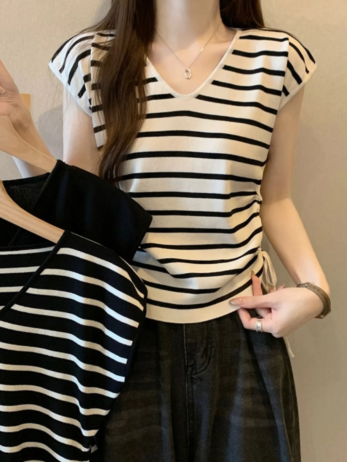 Ice Silk Knitted Short Sleeve Striped Shoulder T-Shirt Women's New Summer Small Size V-Neck No Sleeve Top Cute Japanese Style