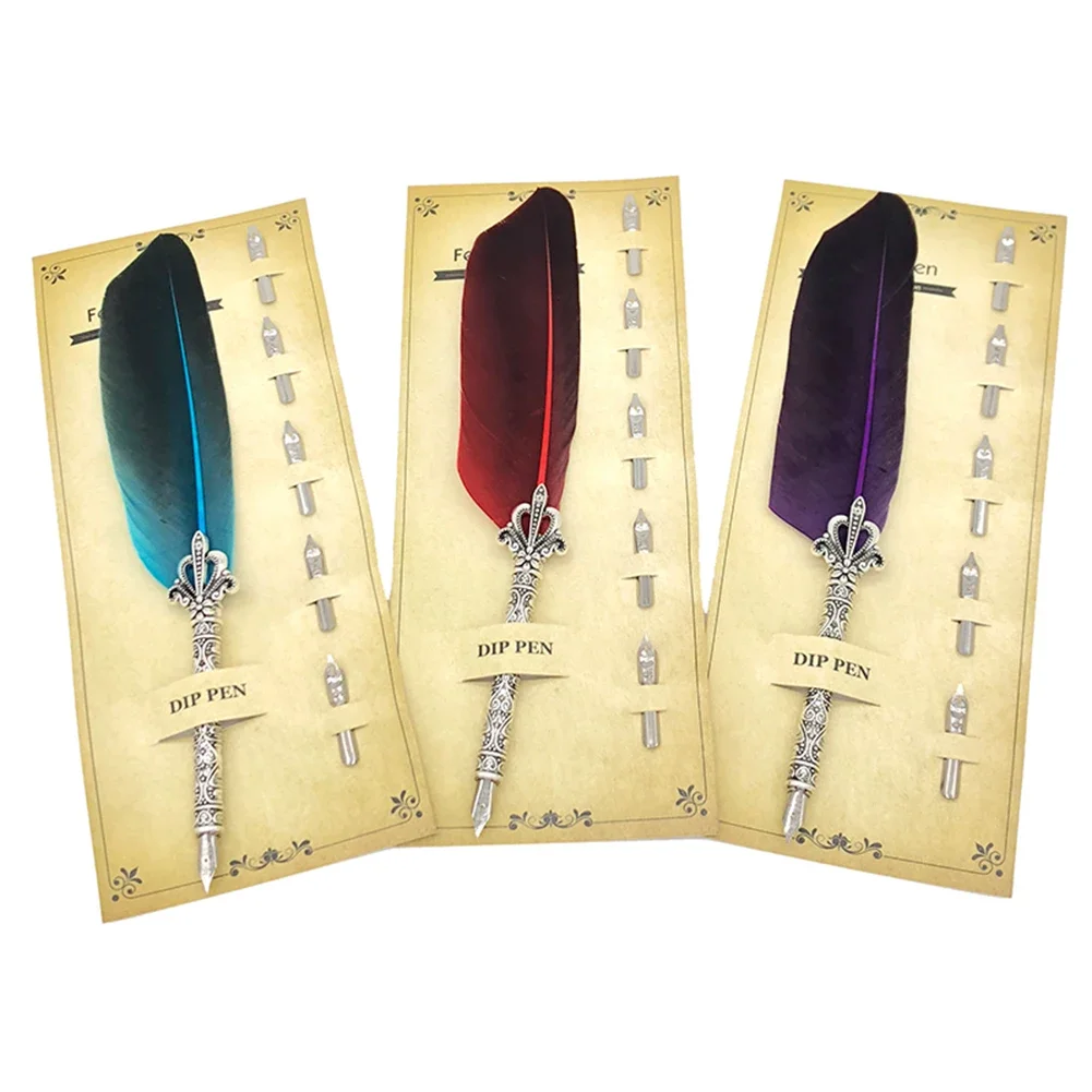 1 Set Vintage Calligraphy Feather Dip Pen with 5 Nib Writing Ink Quill Fountain for School Office Work Accessories