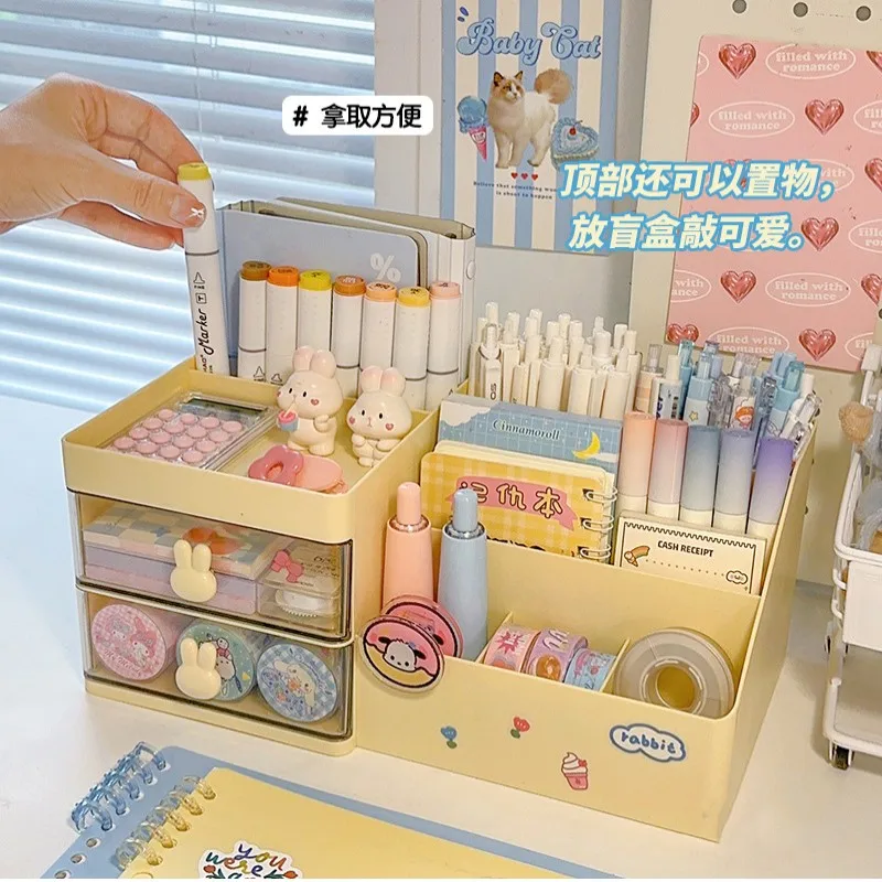 Kawaii Desktop Cosmetic Storage Box Organizer Cassetto Portaoggetti per ufficio Cancelleria Portapenne da scrivania Bunny Drawer Jewel Organizer