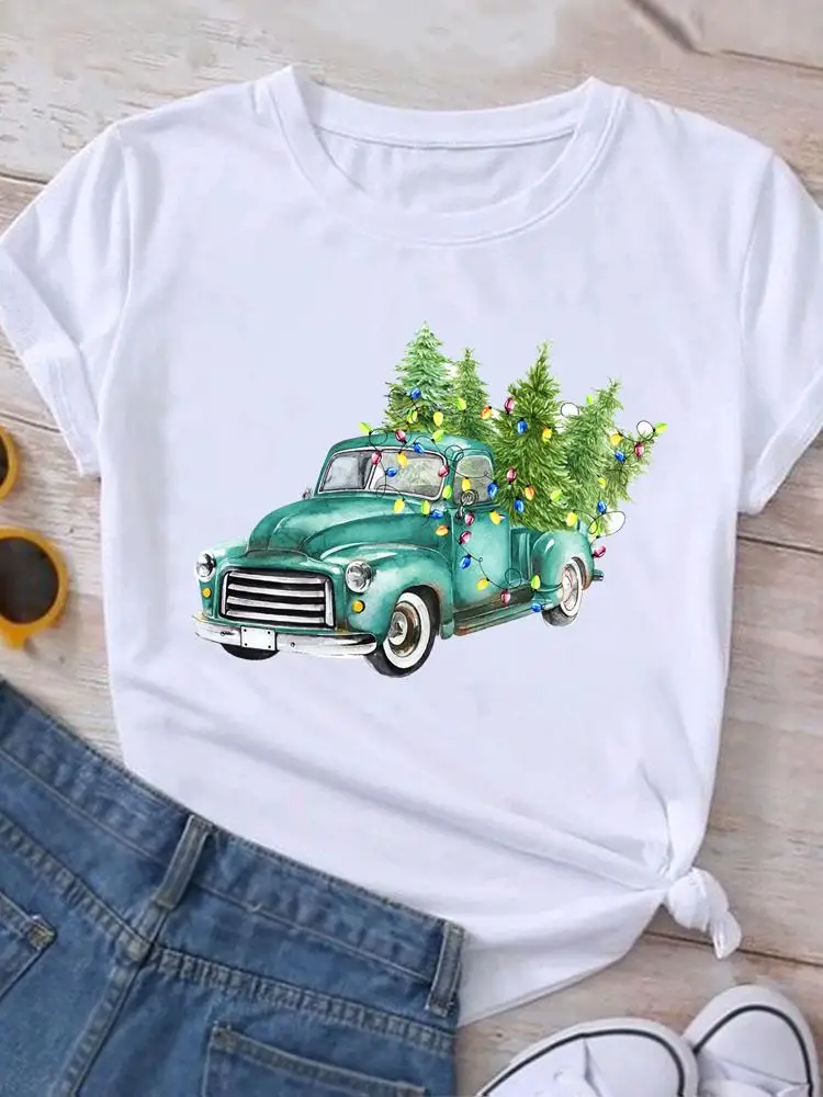 

New Year Truck Tree Merry Christmas Graphic T Shirt Print T-shirt Top Fashion Women Holiday Female Short Sleeve Tee Clothing