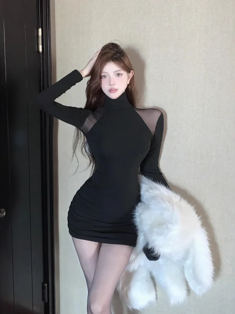 เวอร์ชั่นเกาหลีคอสูงแขนยาวชุดผู้หญิง Cinching เอวห่อสะโพก Hollow OUT SHEER ชุดเดรสสั้น