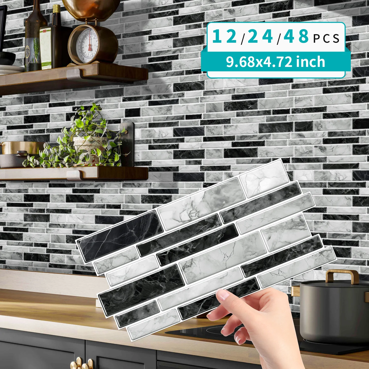 12/24/48 PCS Simulated Marble Tile Wall Stickers, Self-adhesive PVC Wallpaper, Waterproof Wall Decor For Kitchen Bathroom Living