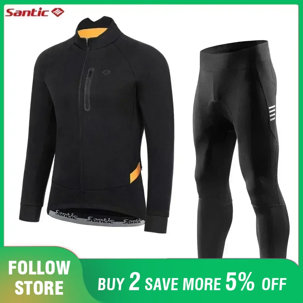 Santic Cycling Set Men's Winter Thermal Bicycle Clothing Windproof Fleece Jackets 4D Padded Long Pants Outfits Suit Asia Size