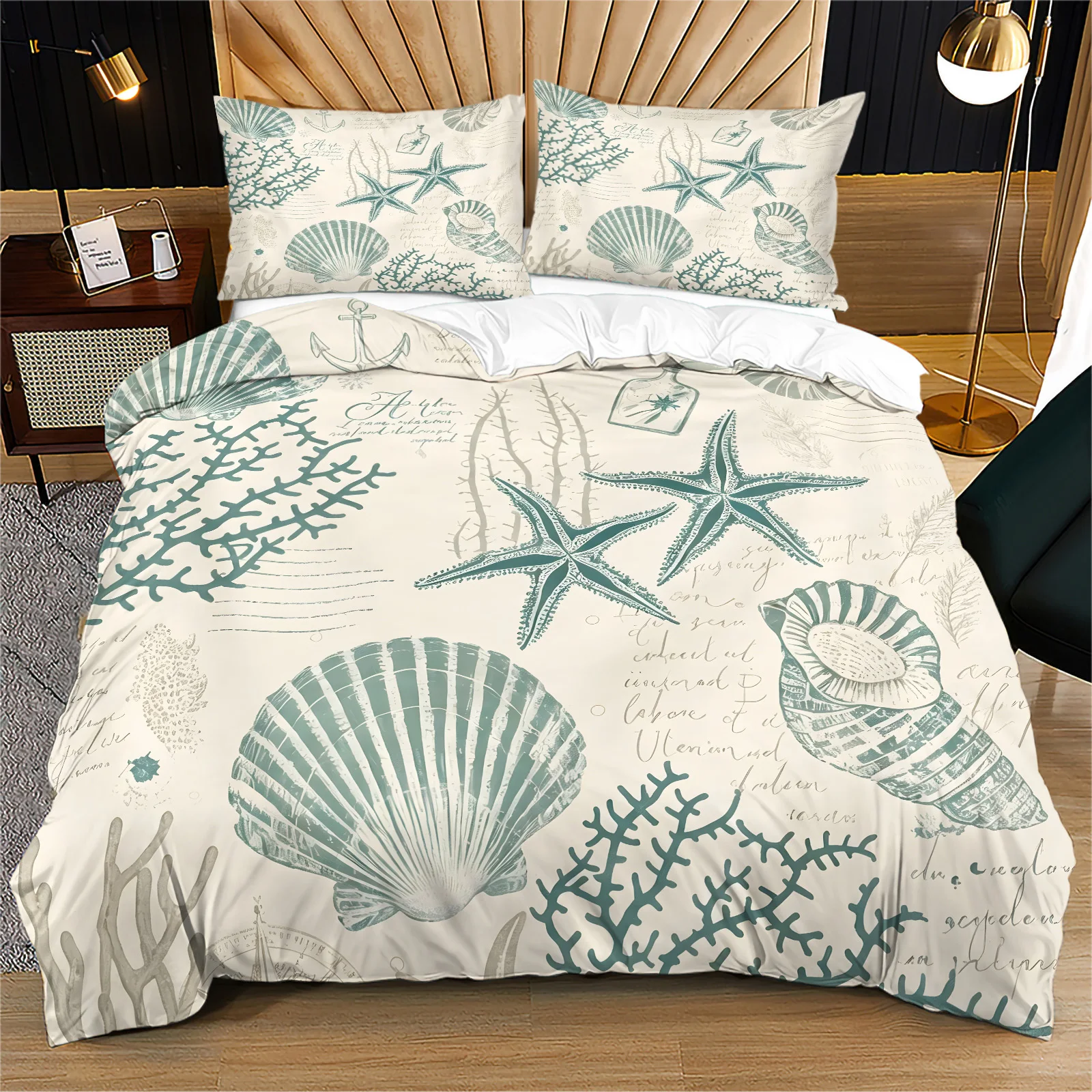 Vintage Nautical Ocean Duvet Cover Set Starfish Shell Coral Coastal Bedding Set Soft Polyester Quilt Cover With Pillowcase Decor