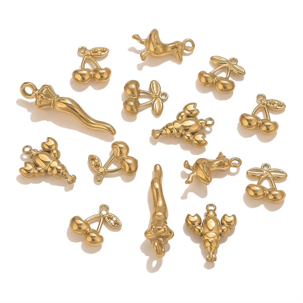 5pcs Gold-plated Chili Pepper/Cherry/Lobster Stainless Steel Waterproof Charms DIY Earring Necklace Jewelry Making Accessories - Detail 1
