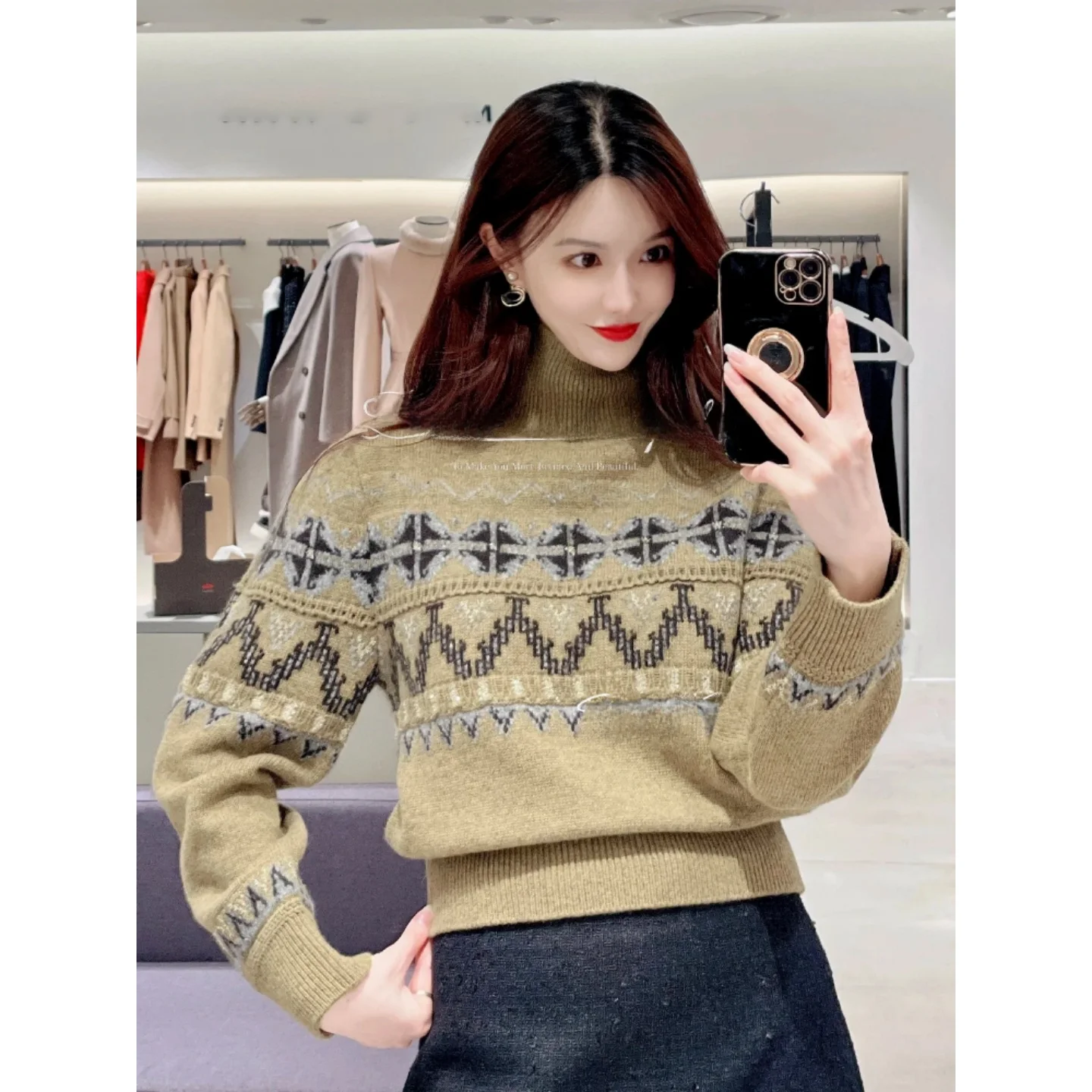 

Элегантный женский вязаный топ с высоким воротом и геометрическим узором Fair Isle, шерстяной, универсальный, для повседневной носки, с длинным рукавом, стандартный крой