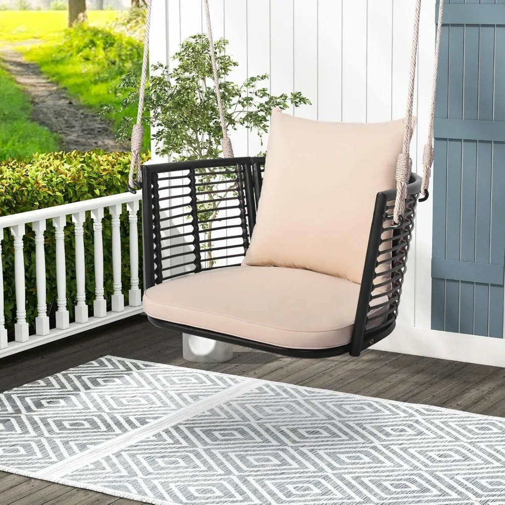 

Single Outdoor Porch Swing - Hanging Swing w/Cushions, Rattan Backrest, Metal Frame, 2 Ropes, Max 400 LBS Load, Swinging Seat
