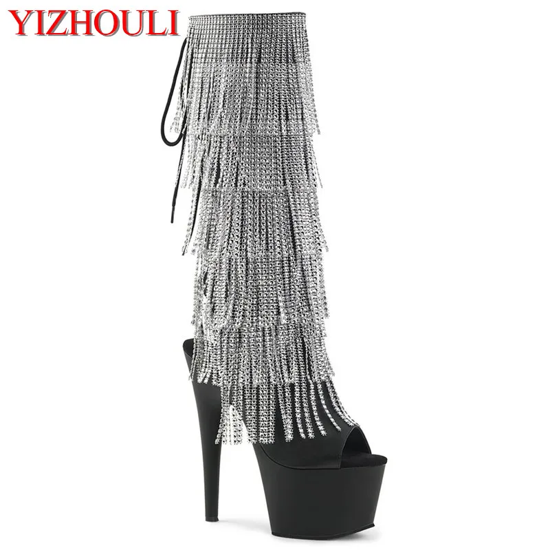 

17cm heels, high boots for banquet, 7in heels, fringed upper, sexy pole dancing, high dance shoes