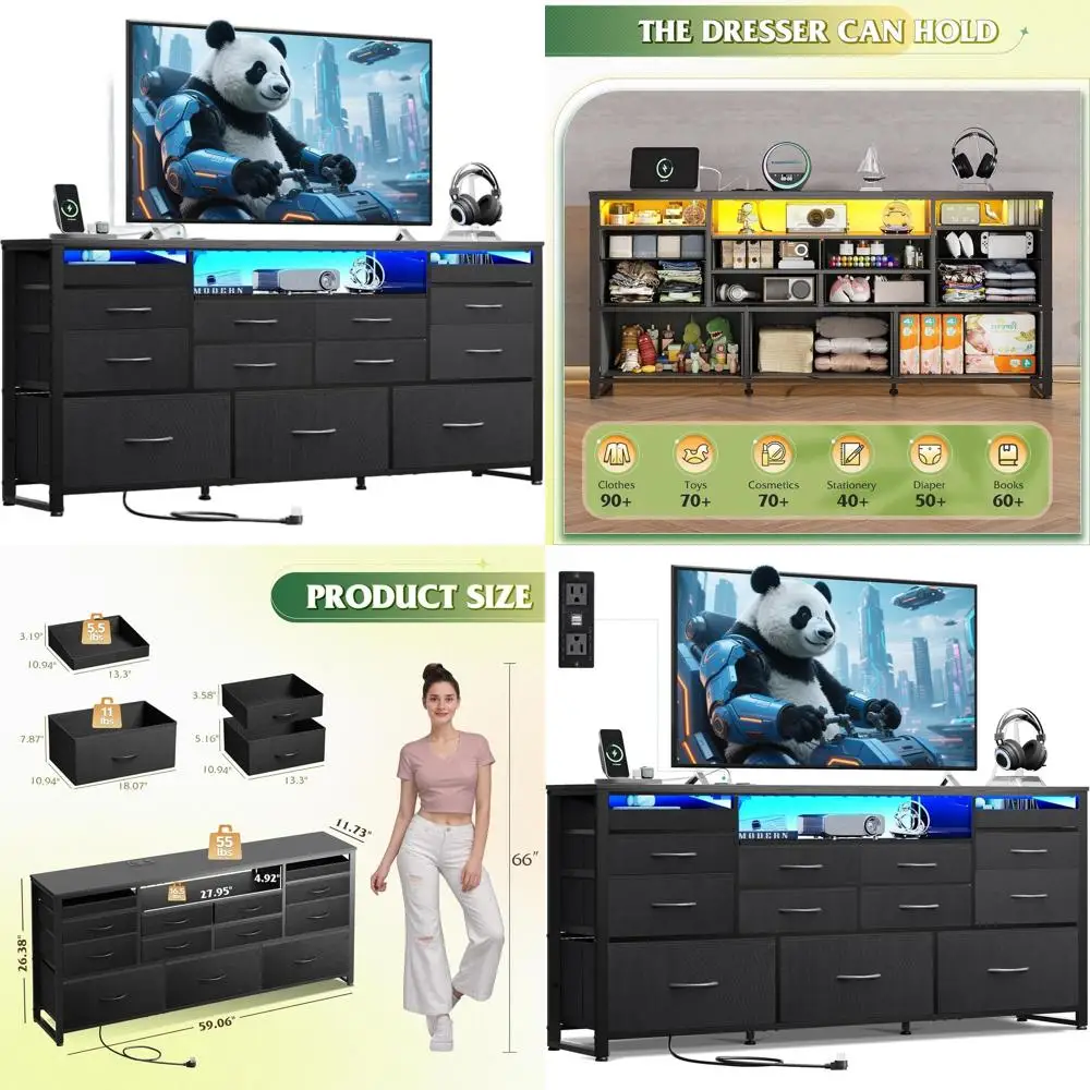 Contemporary TV Stand for 55-65 TVs with LED Lights, Charging Station, Fabric Drawers, and Open Shelves