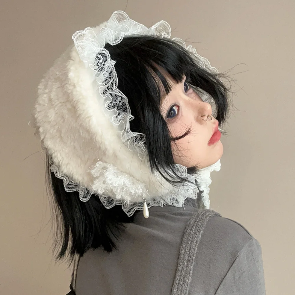 Orejeras japonesas de invierno Y2K con borde de encaje suave, orejeras cálidas para chica bonita, correa de prevención de calor y frío para estudiantes, protección para los oídos