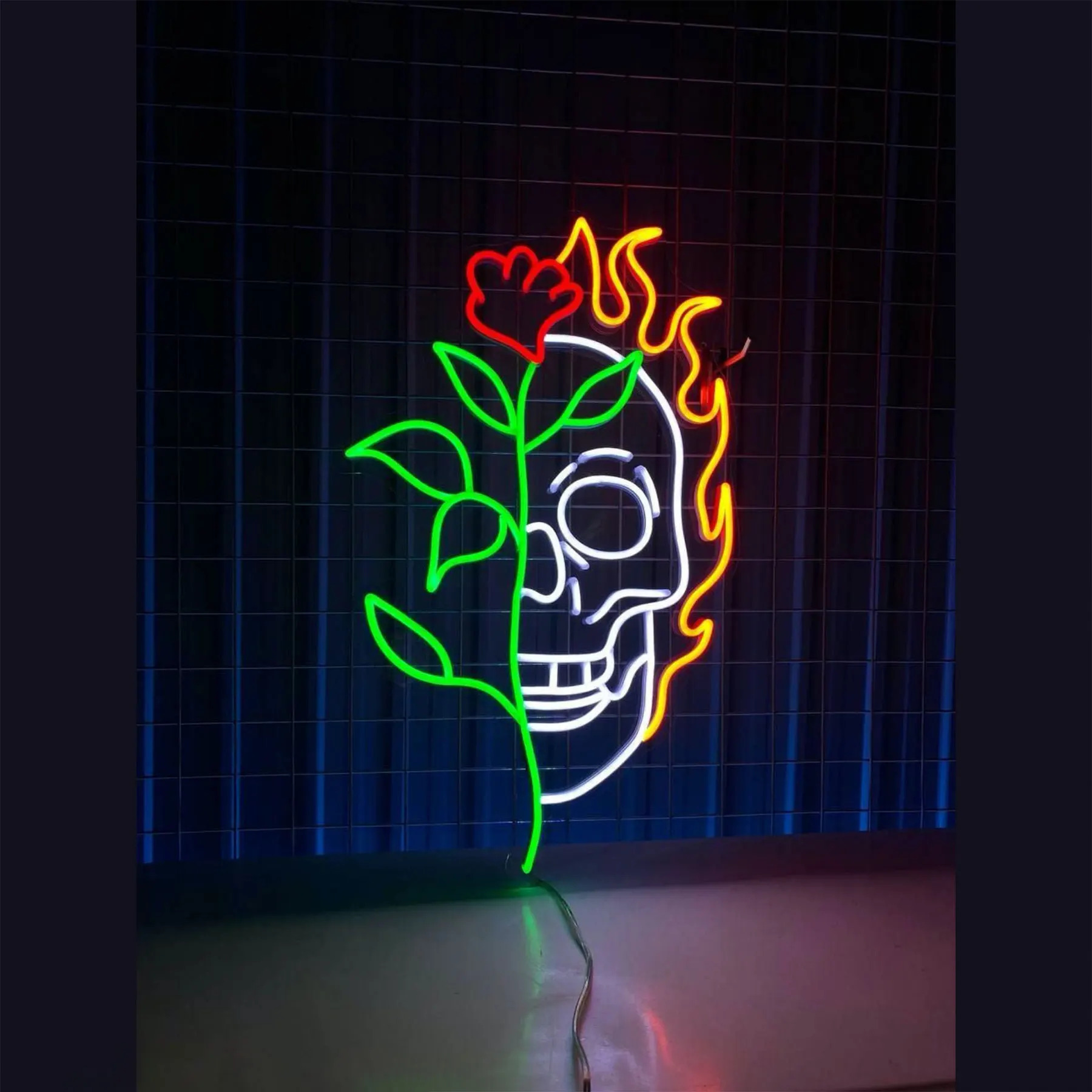 

Skull Flower Fire Neon Sign Sugar Skull Fire Wall Decor Custom Bar Pub Neon Game Room Rose Man Cave Home Decor
