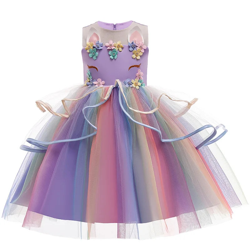 Kids Summer Clothes Unicorn Flower Princess Dress With Wing Headband For Children Girls Wedding Carnival Birthday Party 3-12Yrs