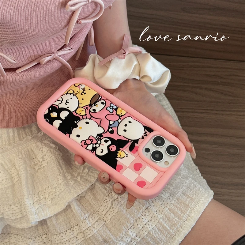 For iPhone 15 Pro Max 14 13 12 promax 11 3D Kitty Kuromi Phone Case Melody Pochacco Family Cartoon Silicone Soft Cover