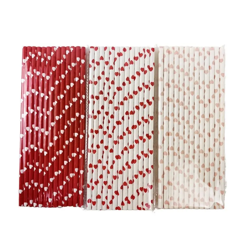 100pcs 3 Colors Disposable Paper Straw Multipurpose Heart Print Love Pattern Pipette Environment Protection Beverage Straw