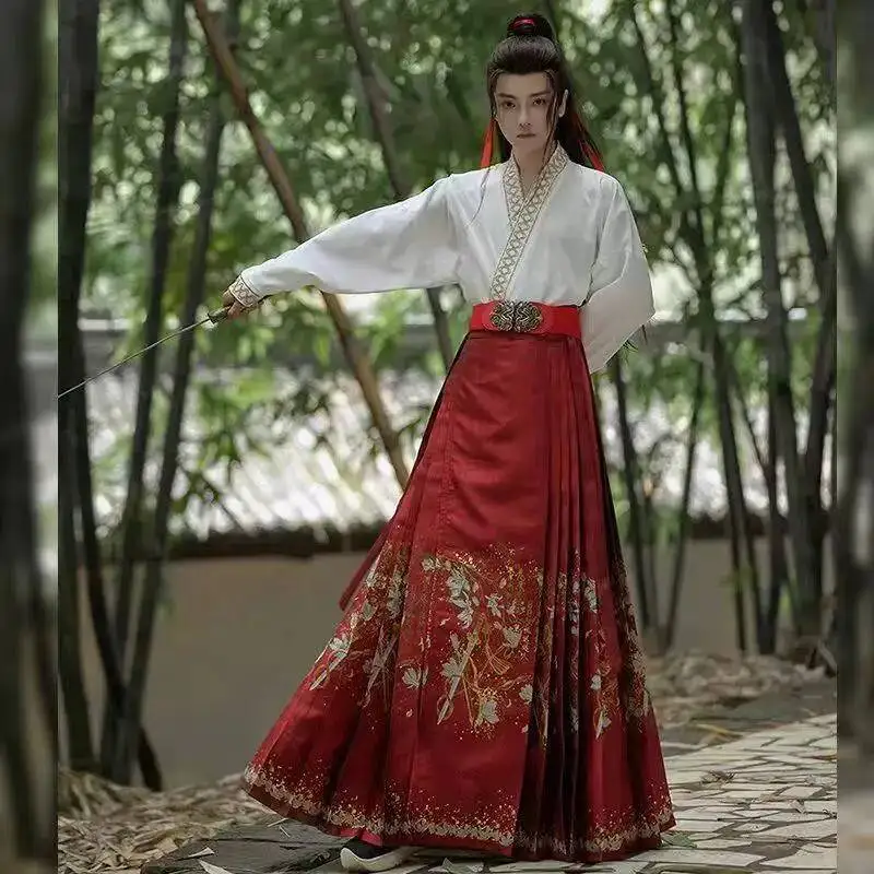 Robe Hanfu en brocart tissé or pour homme, style traditionnel, jupe visage de cheval, collection printemps-été, costume vintage pour fête et cosplay