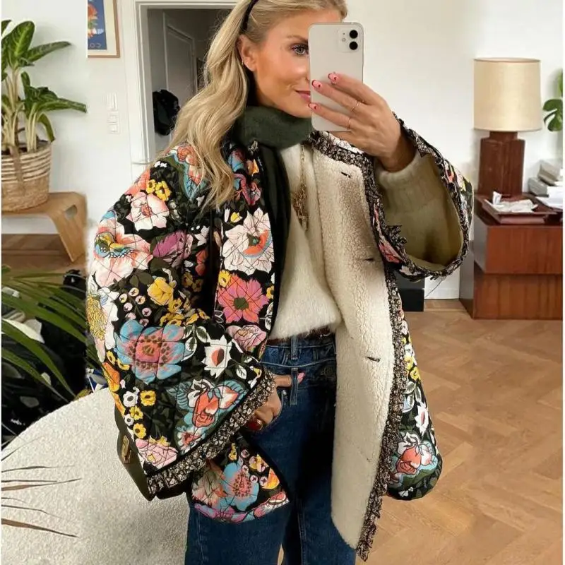 Casual Vintage Flower Printed Winter Coat For Women Thick Warm Long Sleeve Cotton Jacket Elegant Fashion Lady Outwear Coats