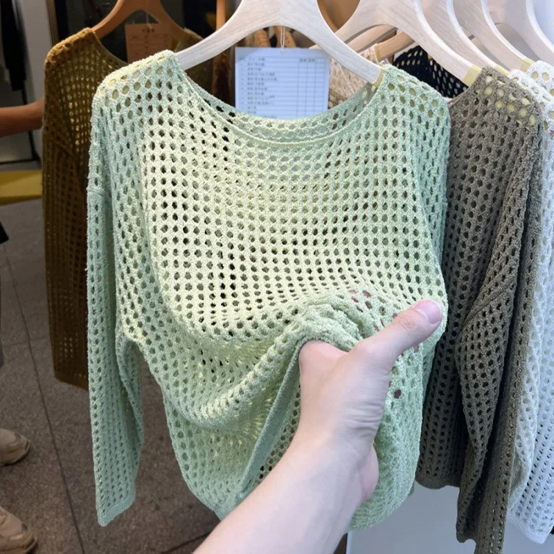 여성용 긴 소매 메쉬 니트 탑 2025 여름 가을 신상 Y2K 시스루 레이스 블라우스 캐주얼 홀로우 아웃 셔츠