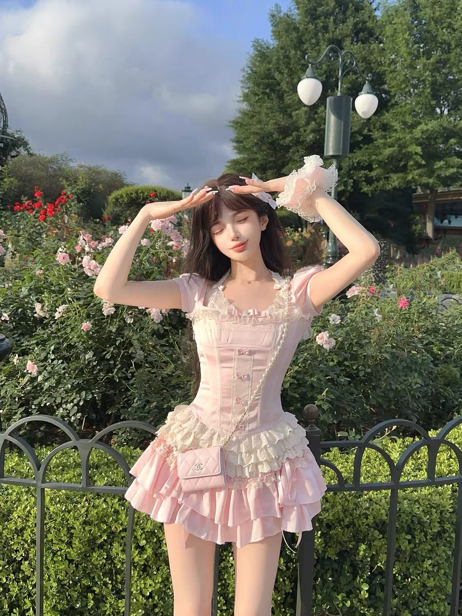 Princess sweet lolita bobon21 french style satin pink lace waist hugging cute dress(underwaist purchased separately) D2335