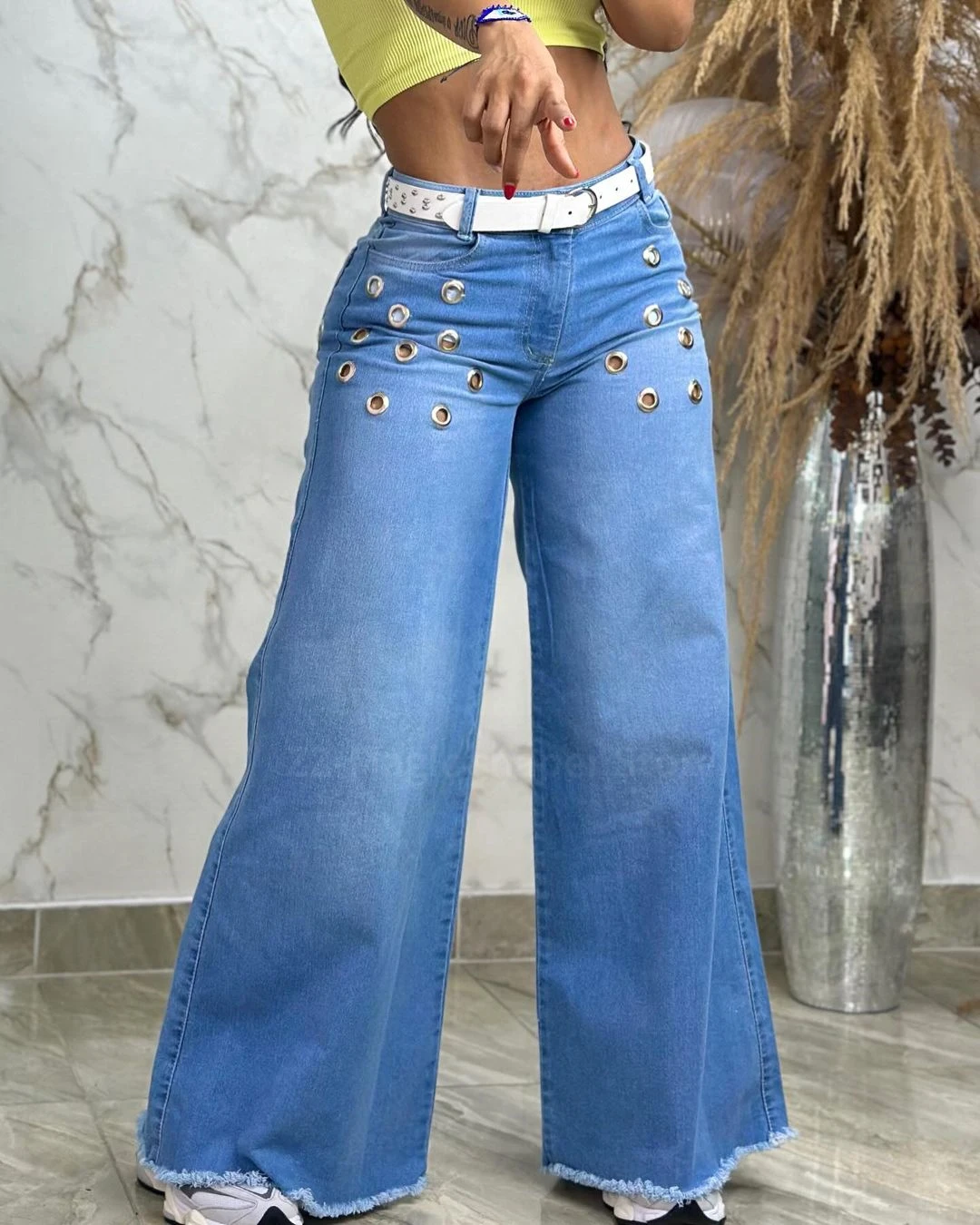 Women's High Stretch Elastic Hollow Jeans Fashion Vintage Mid Waist Denim Wide Leg Pants Female Wrap Hips Casual Trousers