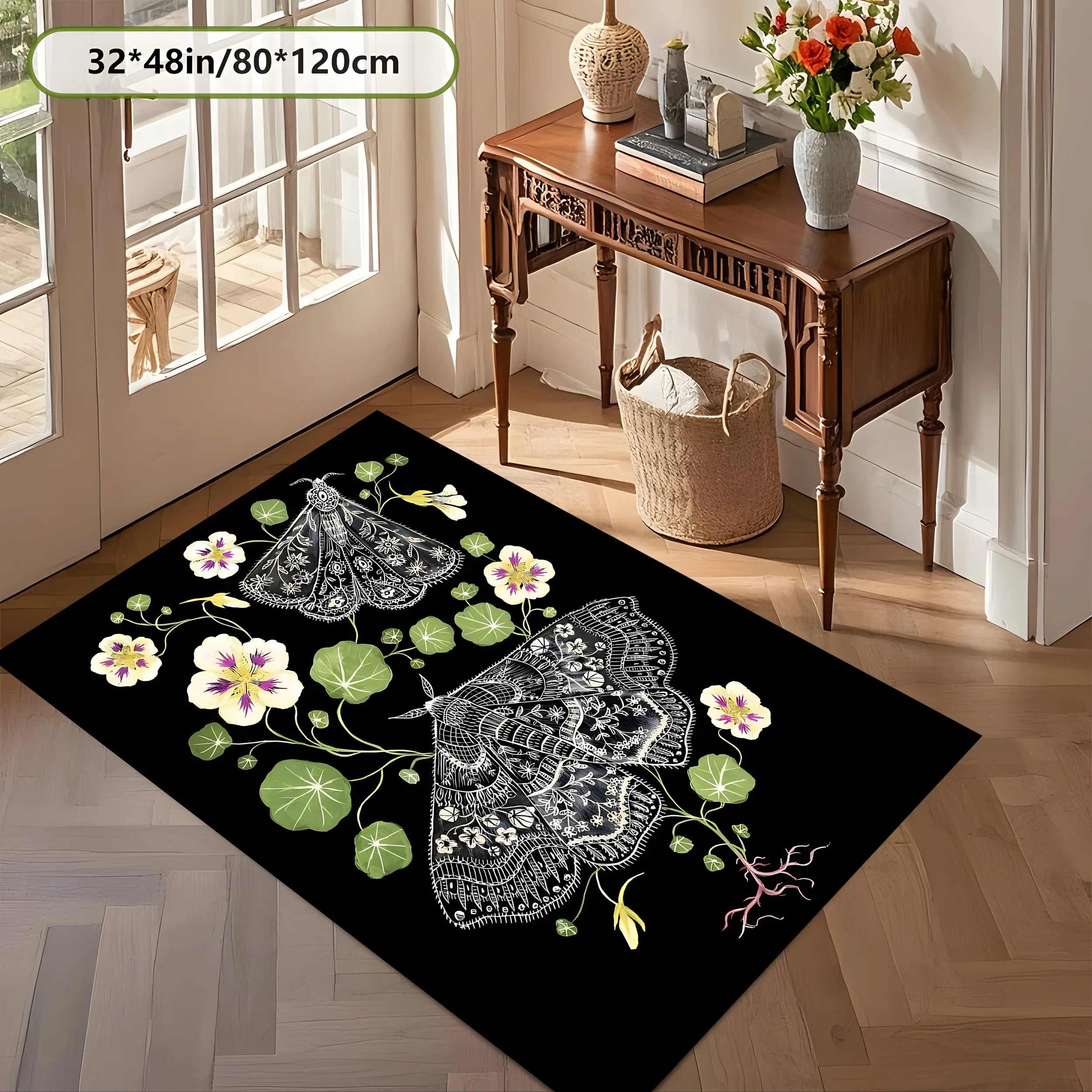 2D Large Carpet Line Drawing Moth Flower Dark Retro Style for Living Room Bedroom Dressing Room