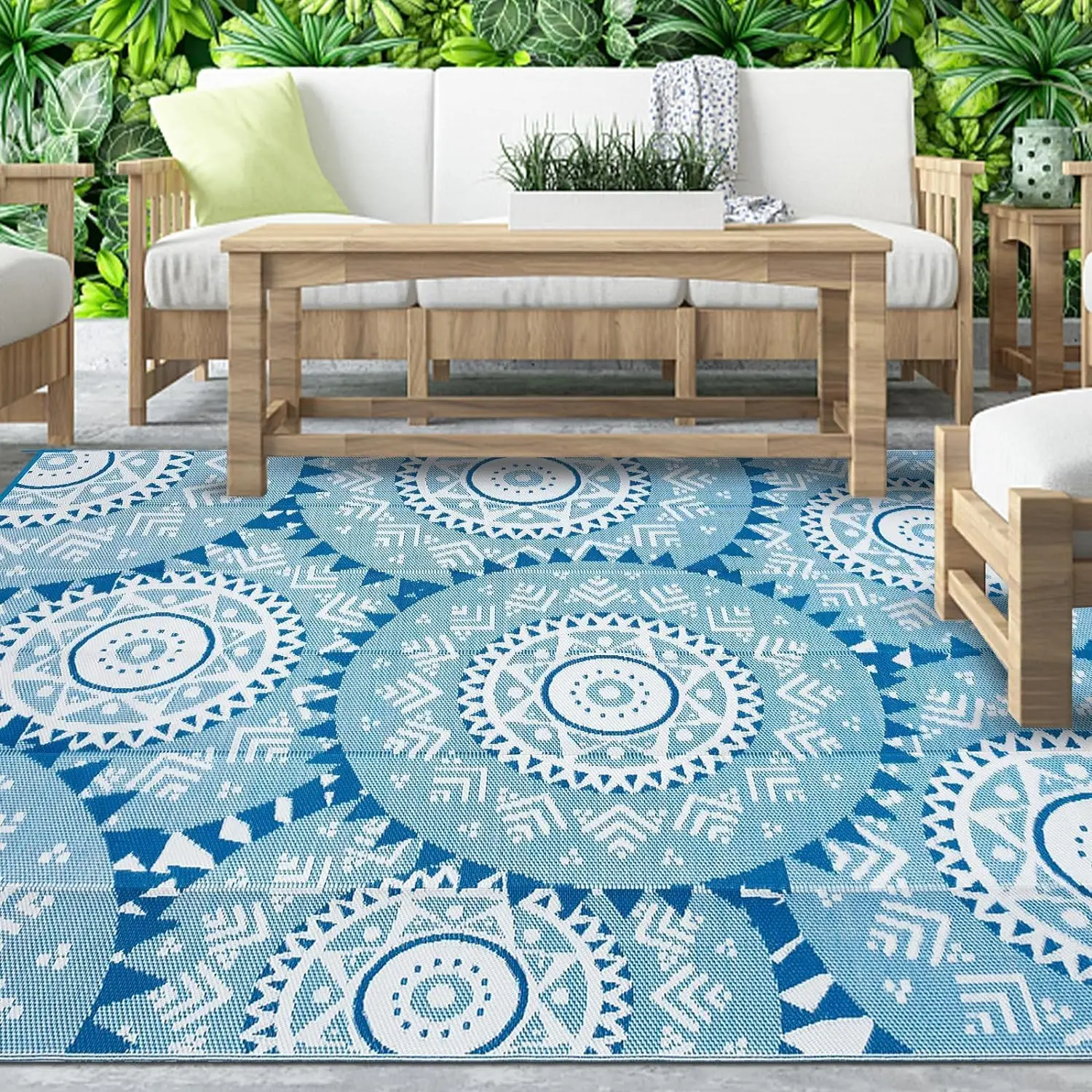 

Waterproof Outdoor Rug 8'x10'Plastic Straw Reversible Boho Blue & White Lightweight Patio Rug for Deck,Backyard,RV Camping,Po