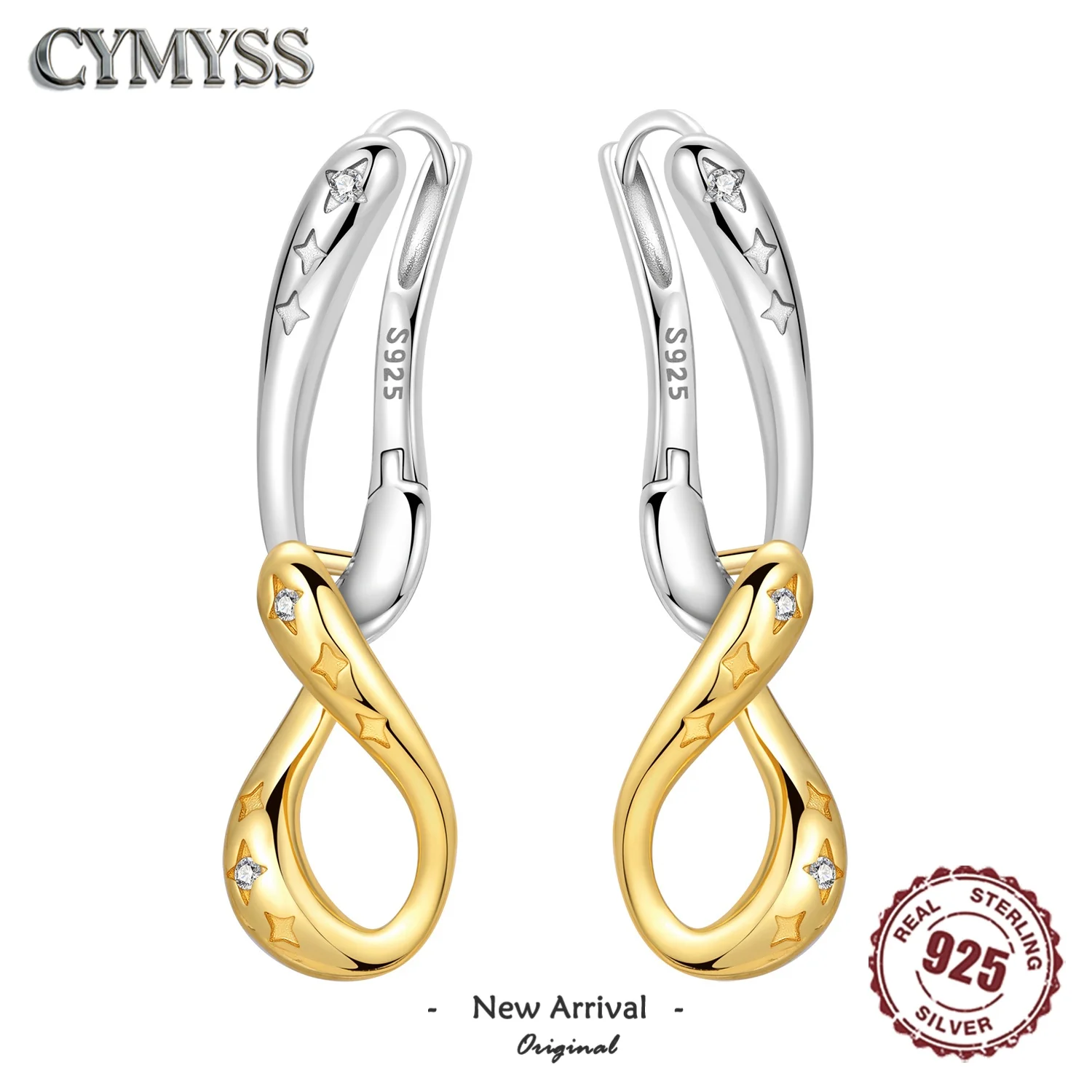 S925 Sterling Silver Star Curved Drop Earring Two-tone Infinity Shape Star Zircon Dangle Earring for Women Daily Fashion Jewelry