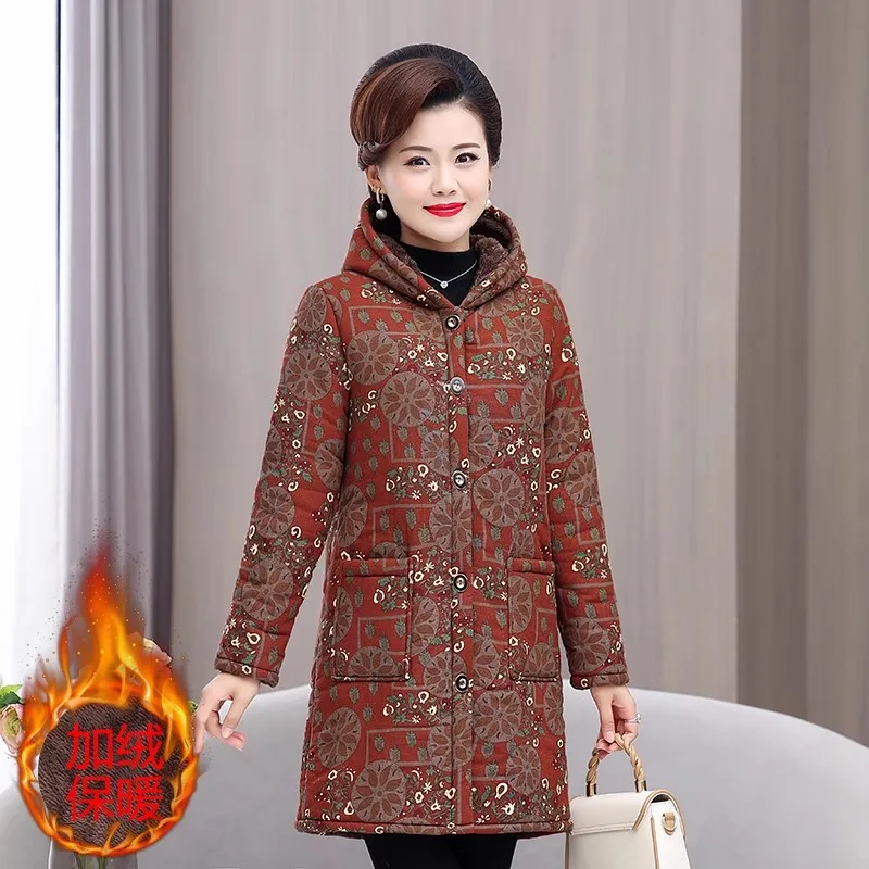 5XL Mother Winter Cotton Clothes Add Velvet Thick Warm Hooded Padded Coat Middle Aged Elderly Grandma Casual Long Parkas Jacket