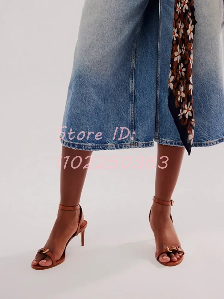 Classic Brown Buckle Strap Stiletto Sandals Vintage PU Round Open Toe Thin High Heels 2024 Summer Women Dress Concise Shoes