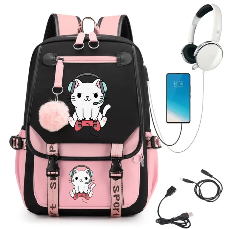 Jogos de amor gato Anime Schoolbag para meninas, Mochila grande do estudante do ensino médio, Bagpack USB dos desenhos animados