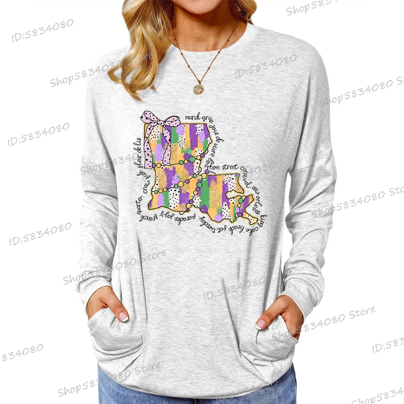 

Модная женская футболка с принтом Луизианы Марди Гра, свободная женская футболка с длинным рукавом в стиле Харадзюку, новый Орлеан, креативные футболки Mardi Gras