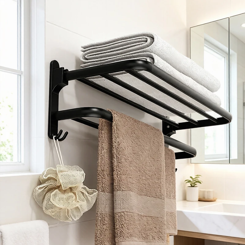 Homefish Black 50cm Foldable Wall Mount Towel Rack With Hooks Home Bathroom Lavatory Towel Storage Rack