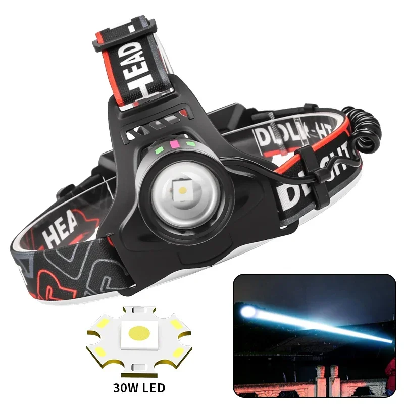 5000LM Powerful 30W LED Headlamp Type-C Rechargesble 18650 Shot Long 2KM Headlight Waterproof Head Torch  for Camping Fishing