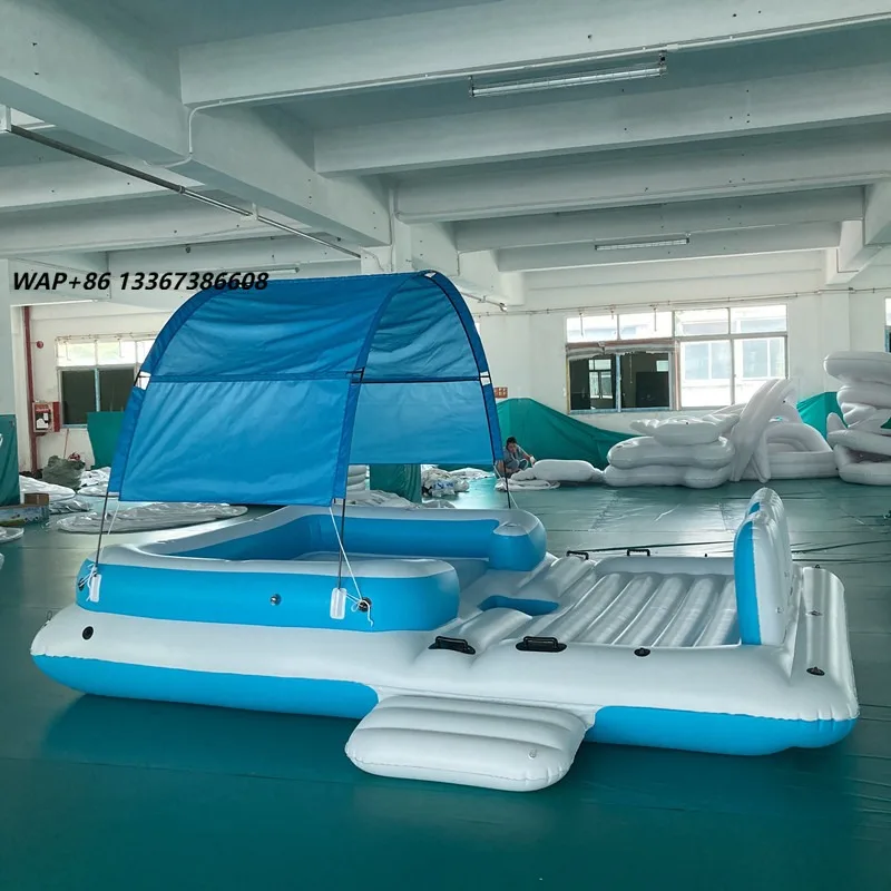 Giant 6-8 person inflatable island floating bed with awning, adult luxury floating chair, suitable for lakeside ocean