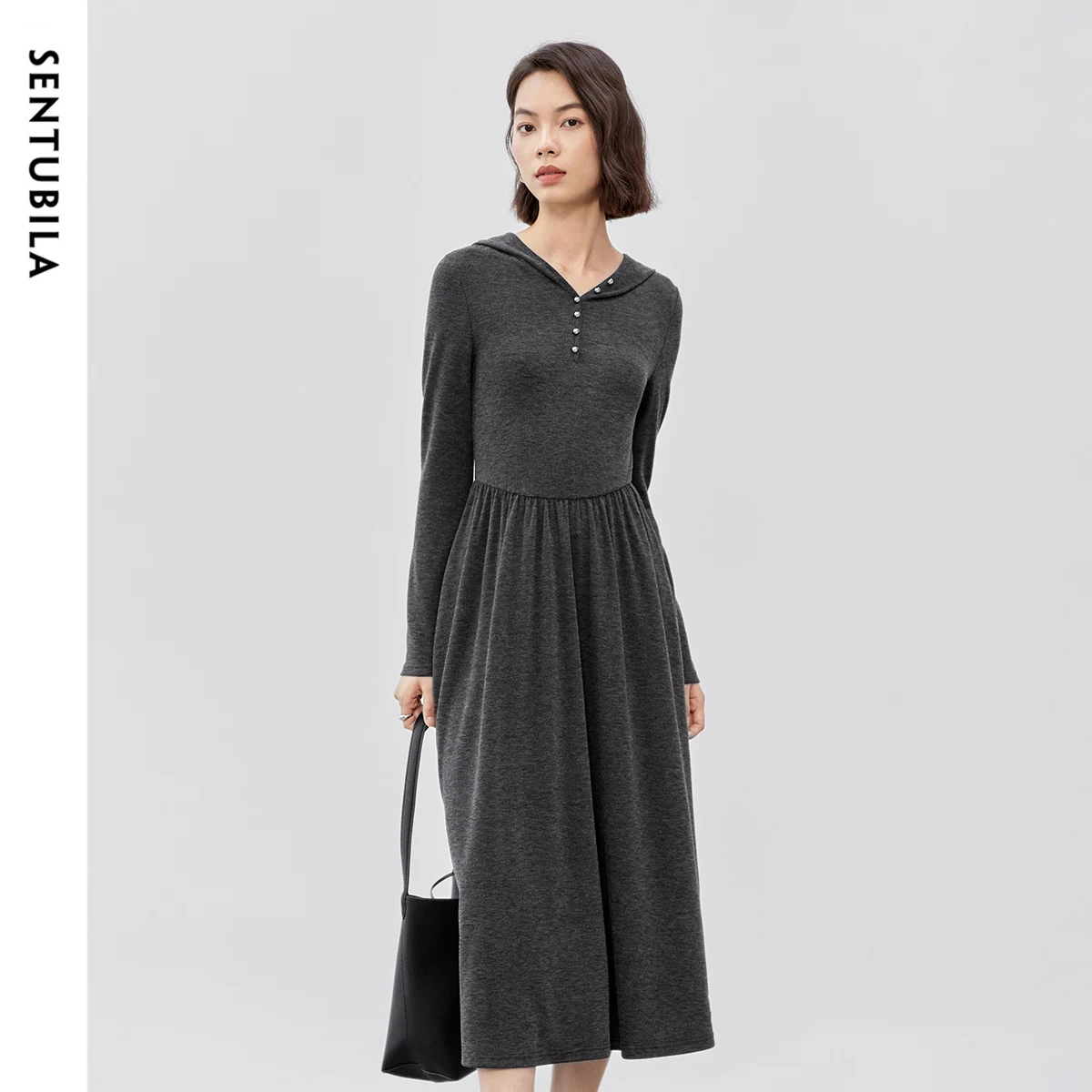 

SENTUBILA Comfort Hooded Dress for Women 2024 Fall Fashion Button Front Casual Grey Knit Long Dresses Female Knitwear 143L56787