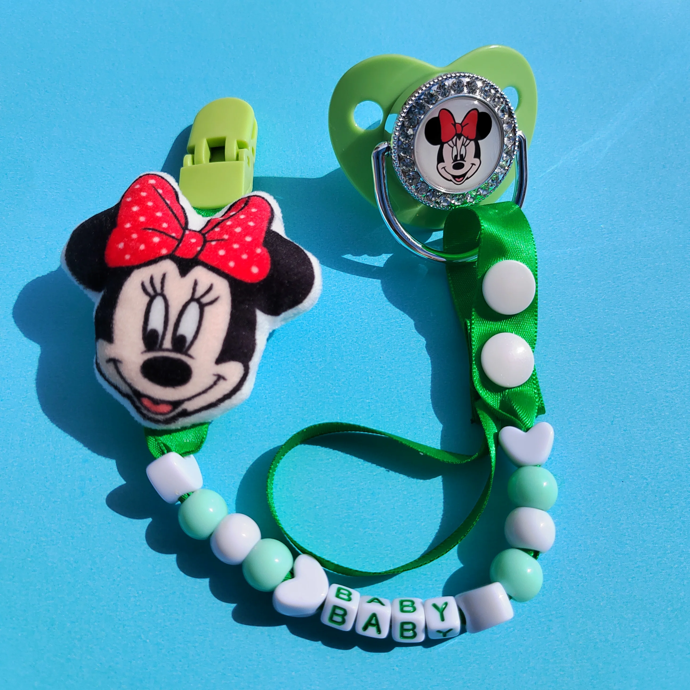 [1 green rhinestone beauty pacifier] Super soft silicone Minnie Mouse cute cartoon character baby sucking nipple set chupetes